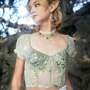 Romwe‎ Mesh Sheer Embroidered Floral Green Corset Bustier Top Coquette Fairy XS